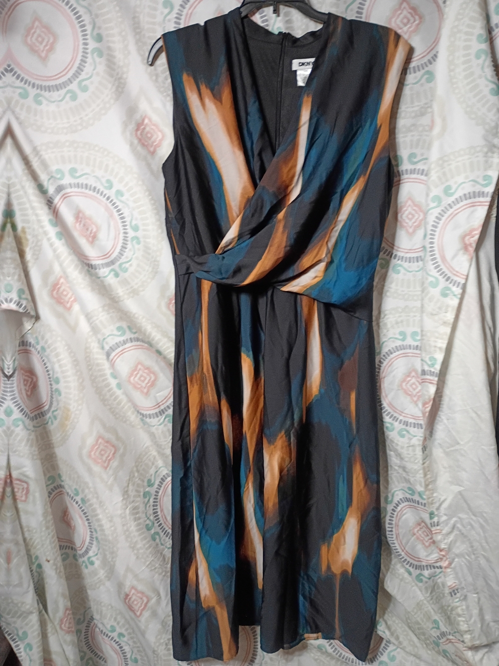 DKNY Black Midi Dress with Teal & Bronze Brushstroke Print